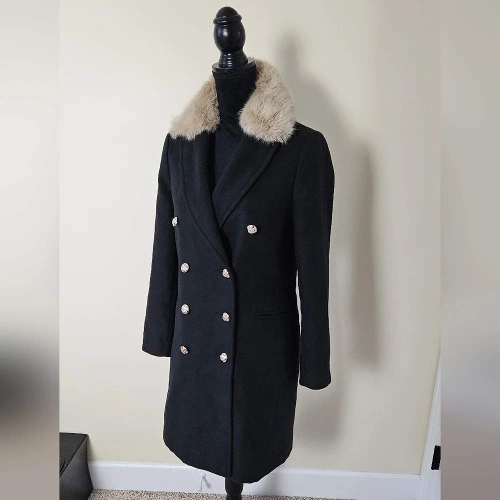 Topshop Nina Black Double-Breasted Slim Military Coat Faux Fur Collar Womens 4